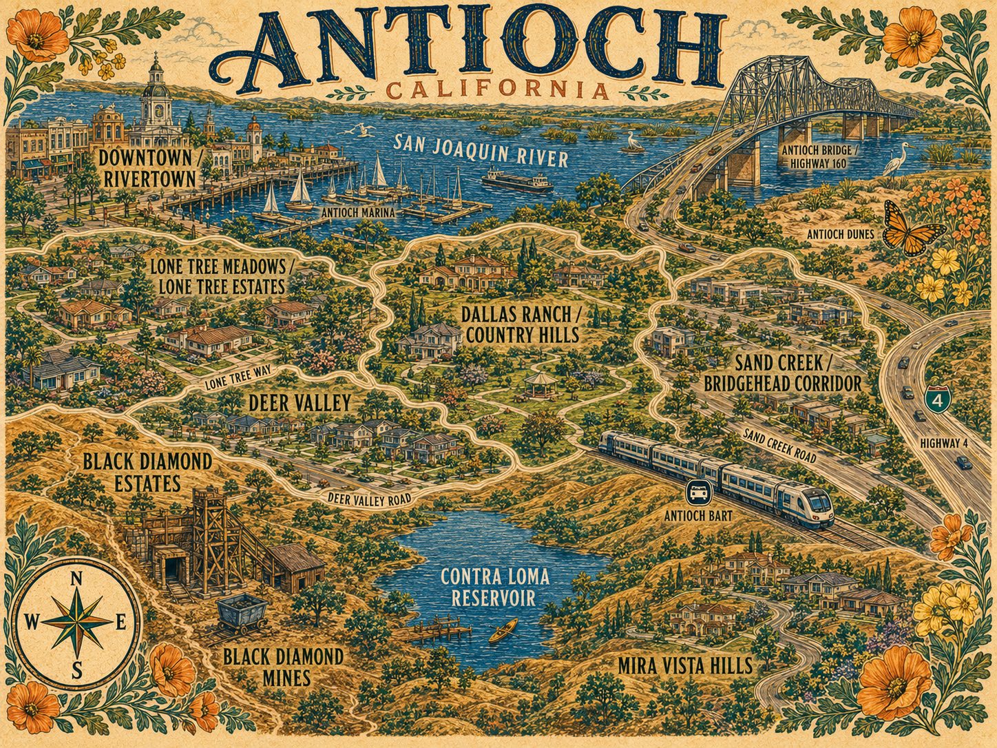 Illustrated map of Antioch neighborhoods showing Downtown and Rivertown, Lone Tree Meadows and Lone Tree Estates, Dallas Ranch and Country Hills, Deer Valley, Black Diamond Estates, Mira Vista Hills and the Sand Creek and Bridgehead corridor, with the San Joaquin River, the Antioch Bridge, the Antioch Marina, the Antioch Dunes, Contra Loma Reservoir, Black Diamond Mines and the Antioch BART station