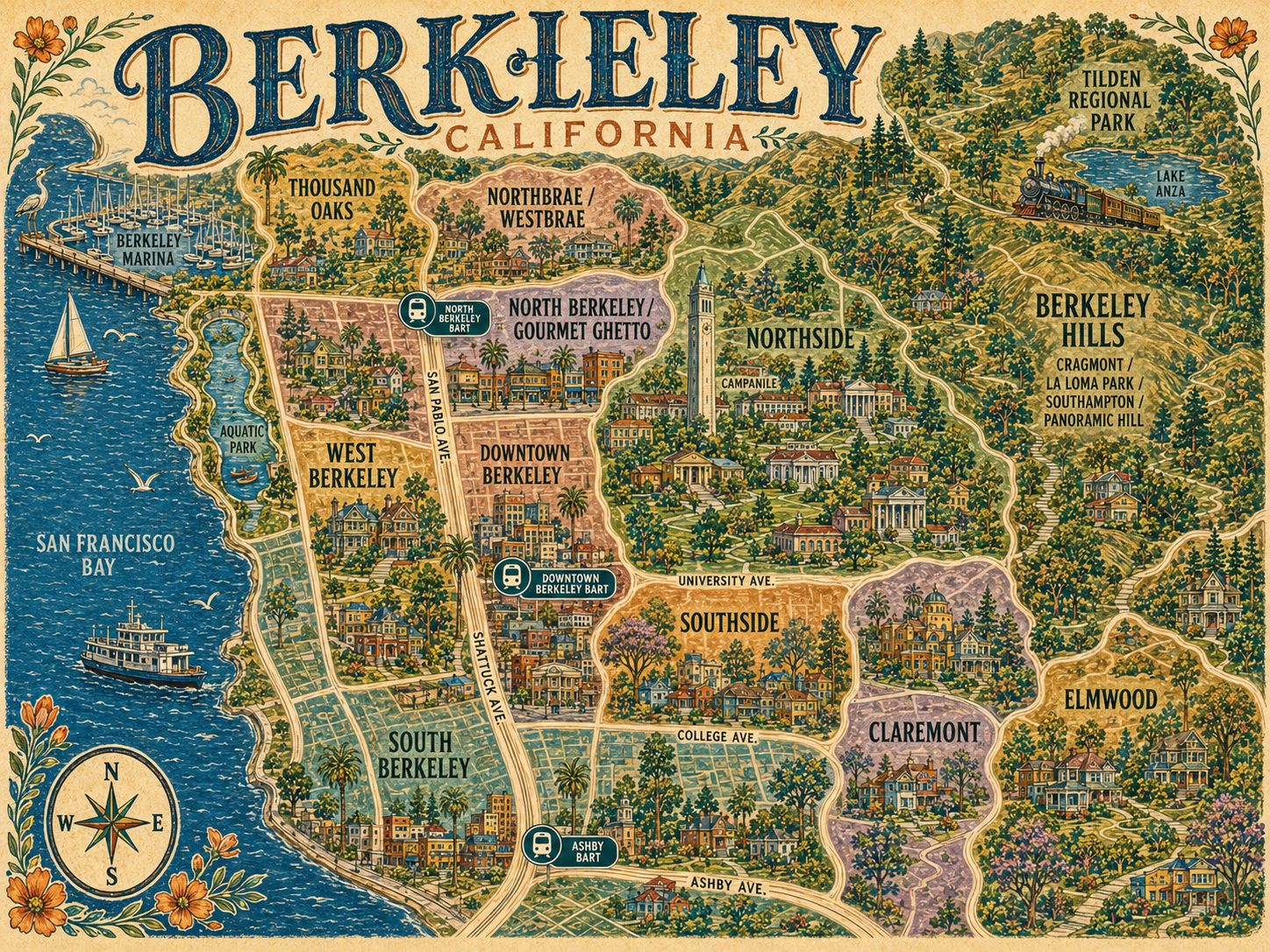 Illustrated map of Berkeley neighborhoods showing Downtown Berkeley, Southside, Northside, the Berkeley Hills including Cragmont, La Loma Park, Southampton and Panoramic Hill, Claremont, Elmwood, North Berkeley and the Gourmet Ghetto, Thousand Oaks, Northbrae and Westbrae, South Berkeley and West Berkeley, with the Berkeley Marina, Aquatic Park, Tilden Regional Park and the Campanile