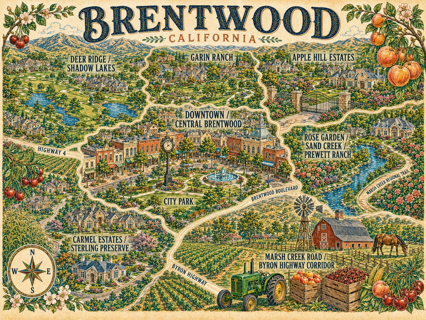 Illustrated map of Brentwood neighborhoods showing Deer Ridge and Shadow Lakes, Garin Ranch, Apple Hill Estates, Rose Garden, Sand Creek and Prewett Ranch, Carmel Estates and Sterling Preserve, Downtown and central Brentwood, and the Marsh Creek Road and Byron Highway corridor, with City Park, Brentwood Boulevard, the Marsh Creek Regional Trail and the surrounding orchards and farmland