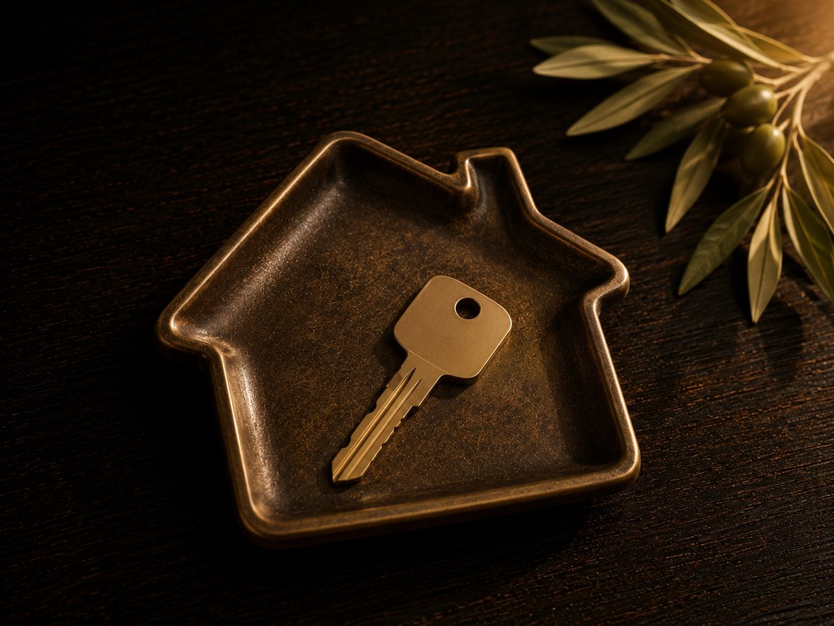 A gold key resting in a brass house-shaped tray beside an olive branch