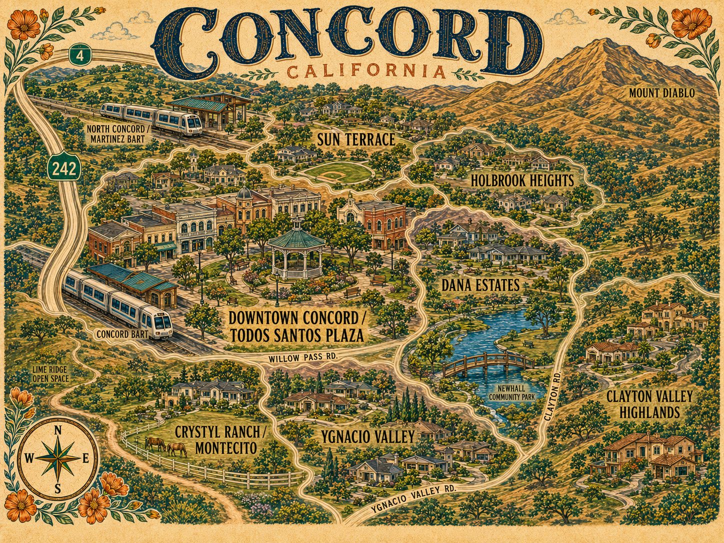 Illustrated map of Concord neighborhoods showing Downtown Concord and Todos Santos Plaza, Crystyl Ranch and Montecito, Holbrook Heights, Dana Estates, Ygnacio Valley, Clayton Valley Highlands and Sun Terrace, with Mount Diablo, Lime Ridge Open Space, Newhall Community Park and both the Concord and North Concord BART stations