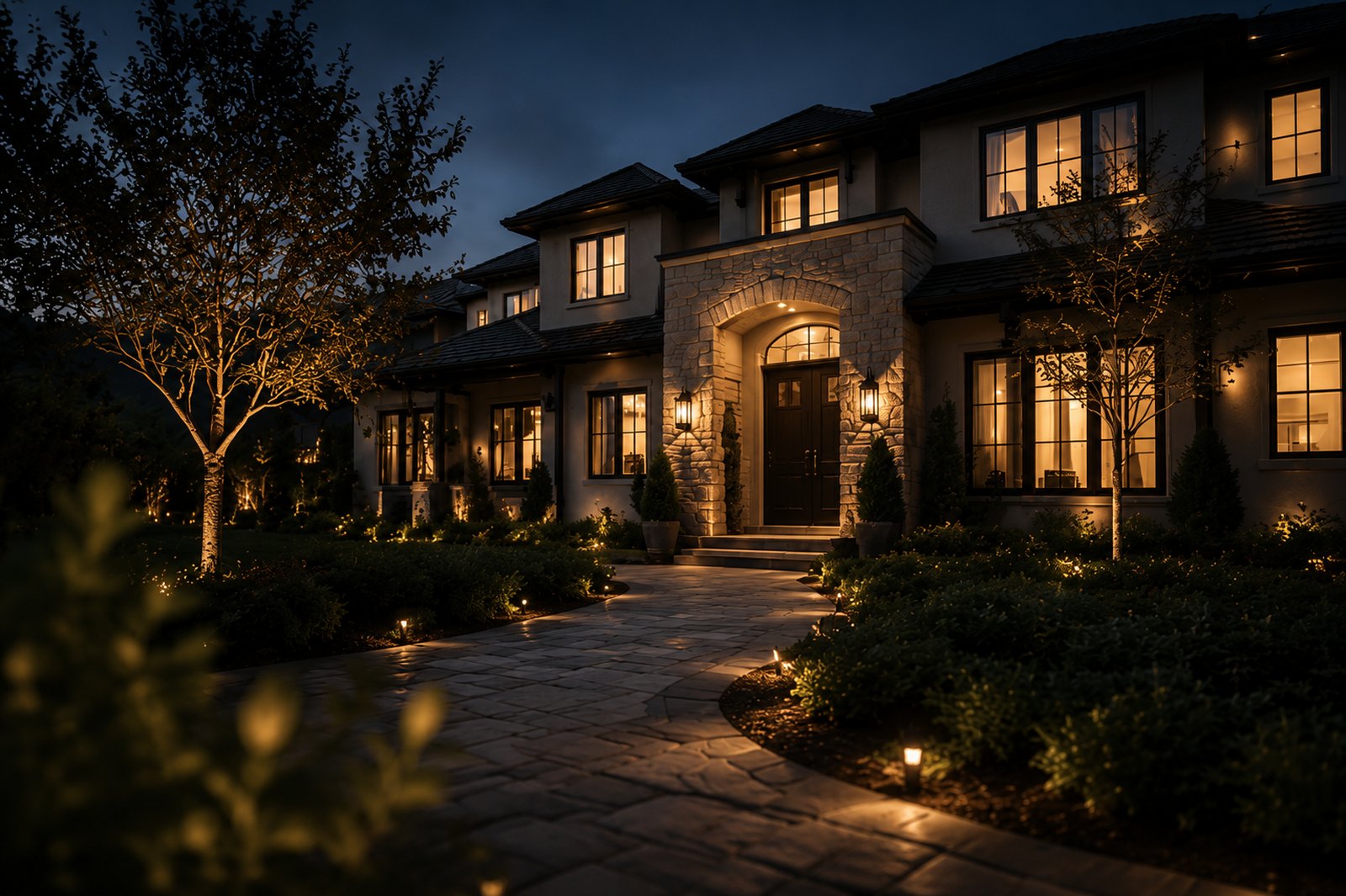 A stone-and-stucco East Bay home lit warmly at dusk, with a landscaped path leading to the front door
