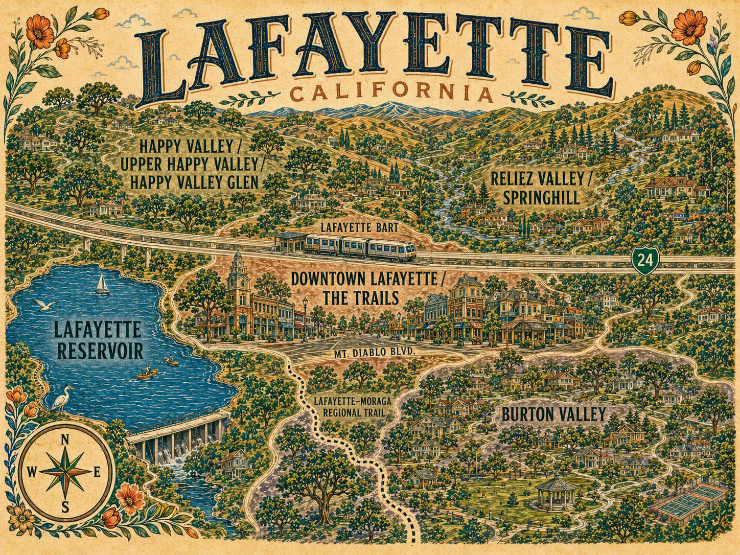 Illustrated map of Lafayette neighborhoods showing Happy Valley, Upper Happy Valley and Happy Valley Glen, Reliez Valley and Springhill, Downtown Lafayette and The Trails, Burton Valley, the Lafayette Reservoir, Lafayette BART, and the Lafayette-Moraga Regional Trail