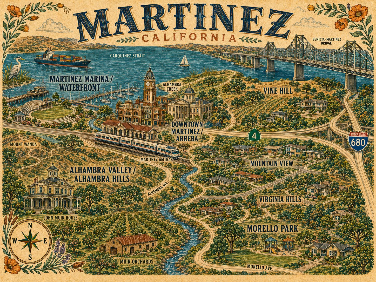 Illustrated map of Martinez neighborhoods showing Downtown Martinez and Arreba, the Martinez Marina and waterfront, Alhambra Valley and Alhambra Hills, Vine Hill, Mountain View, Virginia Hills and Morello Park, with the Carquinez Strait, the Benicia-Martinez Bridge, Alhambra Creek, Mount Wanda, the Martinez Amtrak station and the John Muir House