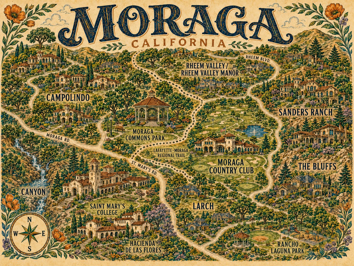 Illustrated map of Moraga neighborhoods showing Rheem Valley and Rheem Valley Manor, Campolindo, Moraga Country Club, Sanders Ranch, The Bluffs, Larch and Canyon, with Moraga Commons Park, Hacienda de las Flores, Rancho Laguna Park, Saint Mary's College and the Lafayette-Moraga Regional Trail