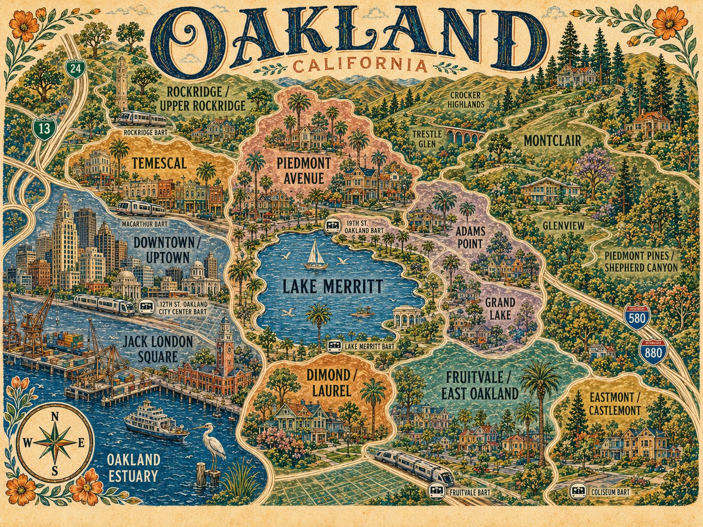 Illustrated map of Oakland neighborhoods showing Rockridge and Upper Rockridge, Temescal, Piedmont Avenue, Montclair, Piedmont Pines and Shepherd Canyon, Crocker Highlands, Trestle Glen, Glenview, the Lake Merritt neighborhoods, Adams Point, Grand Lake, Downtown and Uptown, Jack London Square, the Dimond and Laurel districts, Fruitvale and East Oakland, and Eastmont and Castlemont