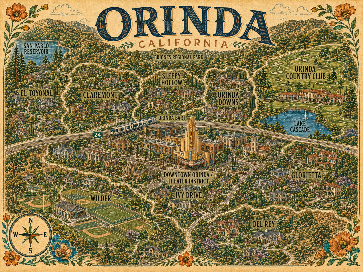Illustrated map of Orinda neighborhoods showing Sleepy Hollow, Orinda Downs, Orinda Country Club, El Toyonal, Claremont, Glorietta, Del Rey, Ivy Drive and Wilder, with Downtown Orinda and the theater district, Orinda BART, Highway 24, Lake Cascade, San Pablo Reservoir and Briones Regional Park