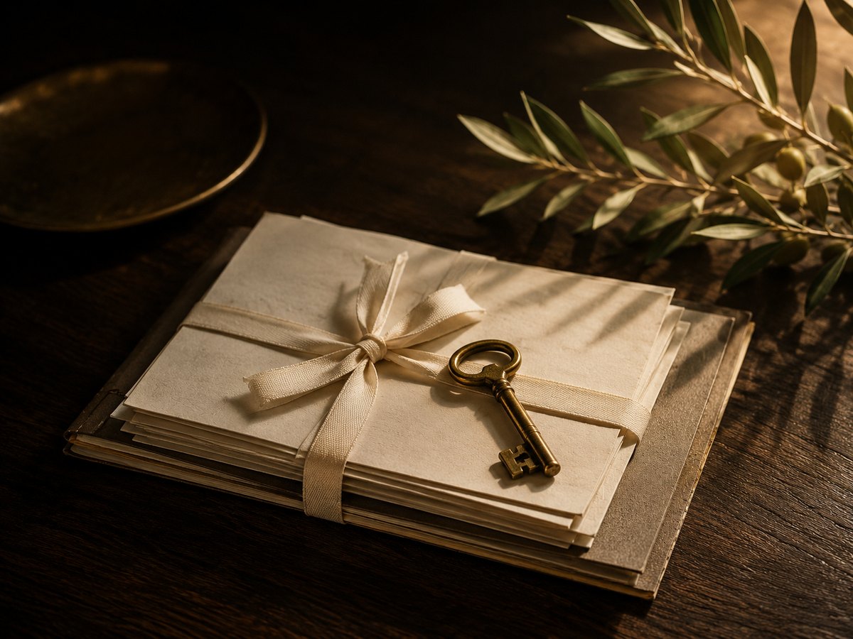 A stack of ribbon-tied letters and an antique brass key on a dark wood table