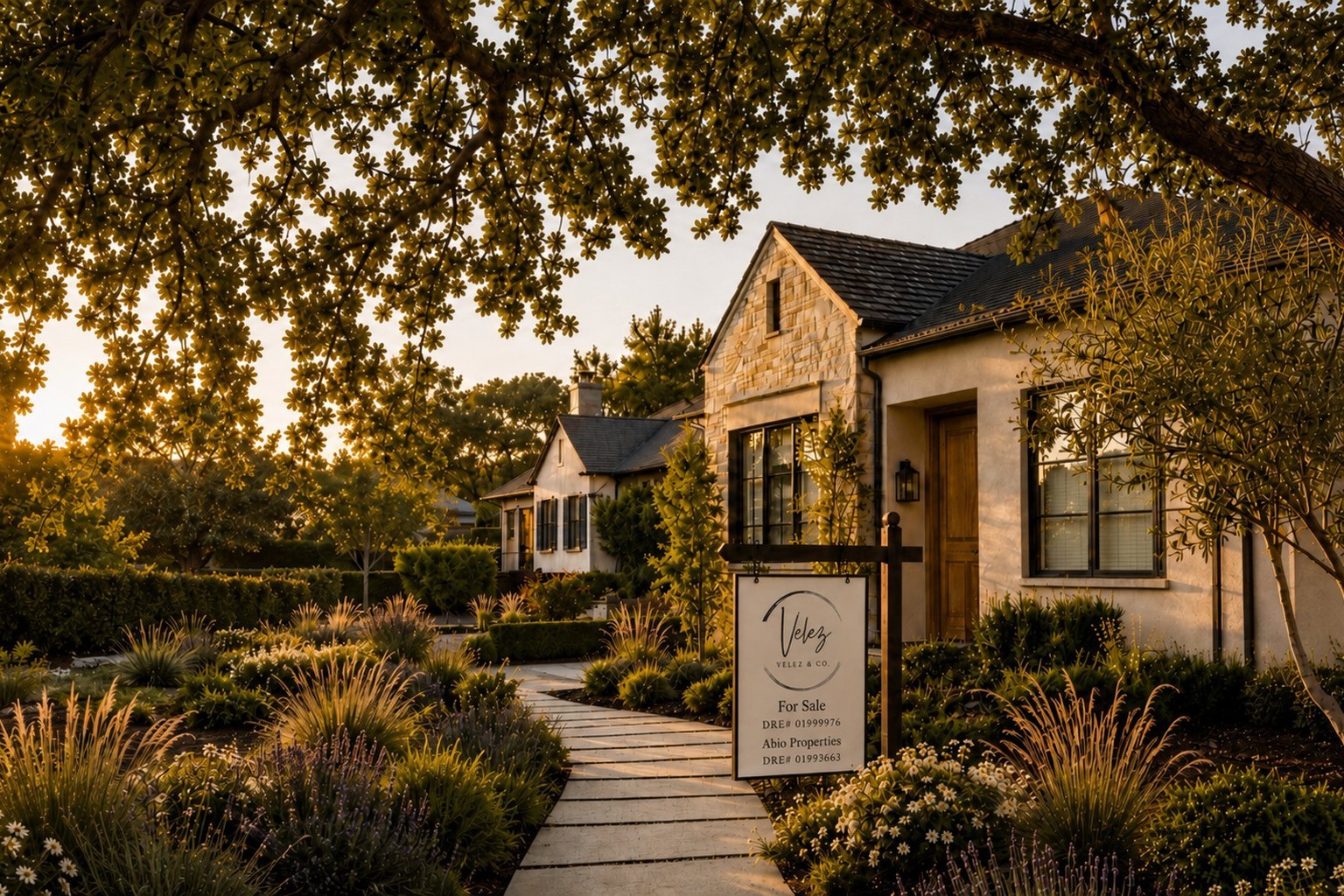 A Velez & Co. for sale sign outside a stone and stucco home at golden hour, with a stone path and flowering garden beds