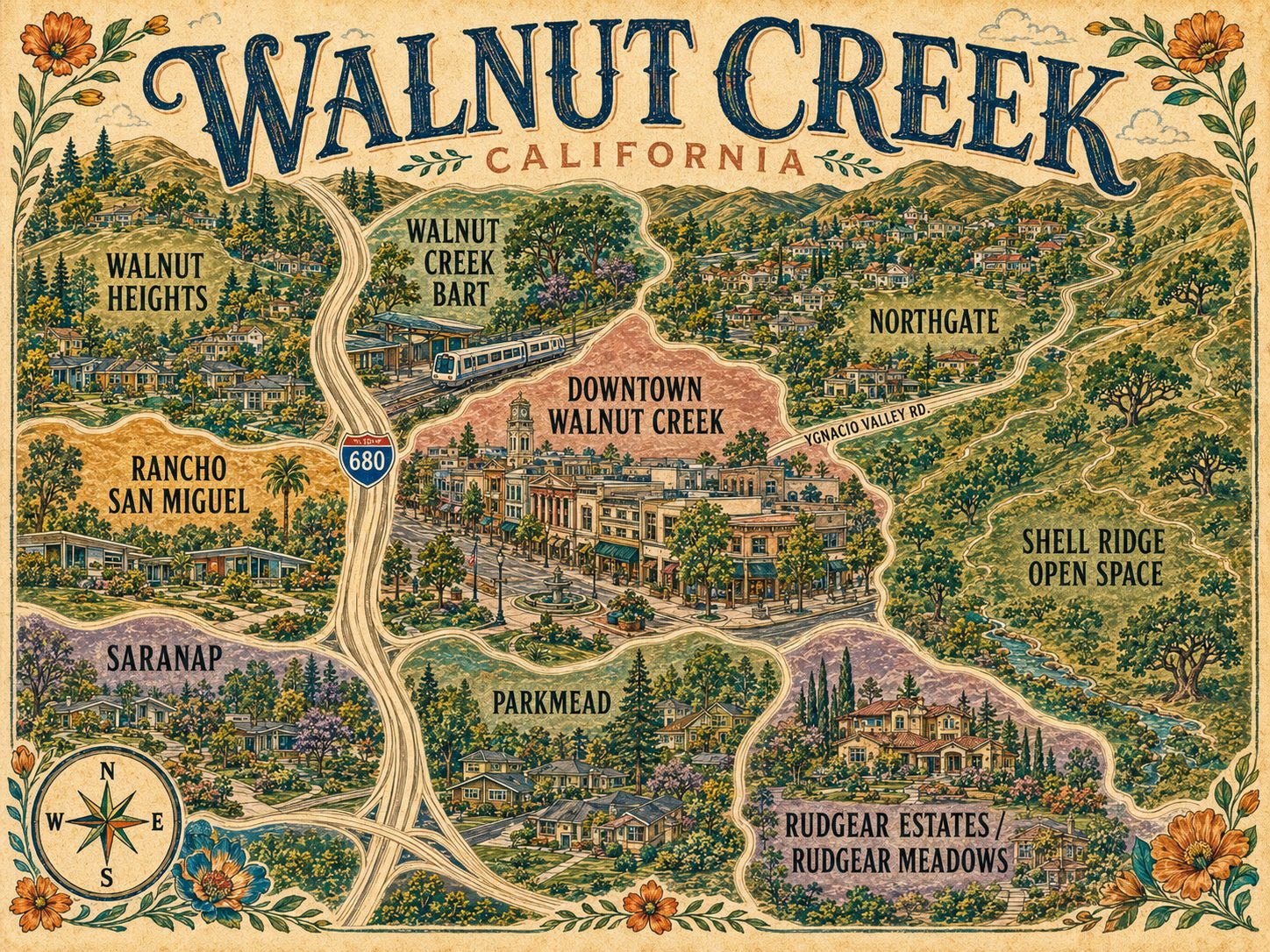 Illustrated map of Walnut Creek neighborhoods showing Downtown Walnut Creek, Walnut Heights, Northgate, Saranap, Parkmead, Rancho San Miguel, Rudgear Estates and Rudgear Meadows, Shell Ridge Open Space, Walnut Creek BART, Ygnacio Valley Road and Interstate 680
