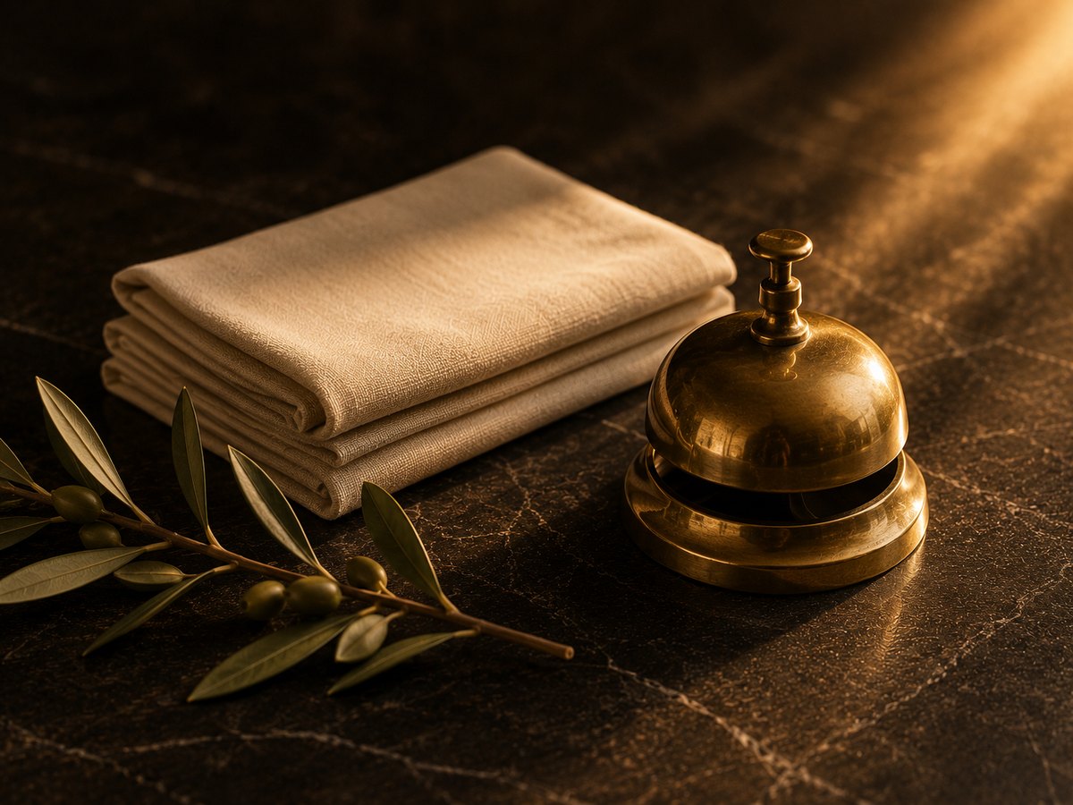 Folded ivory linen and a brass service bell on dark stone